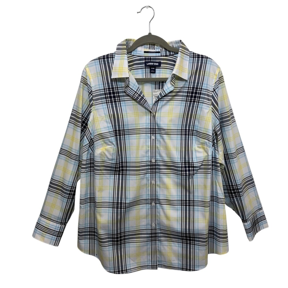 NEW Lands' End Womens' Supima Cotton Plaid Button‎ Down Shirt, 16W Blue Yellow